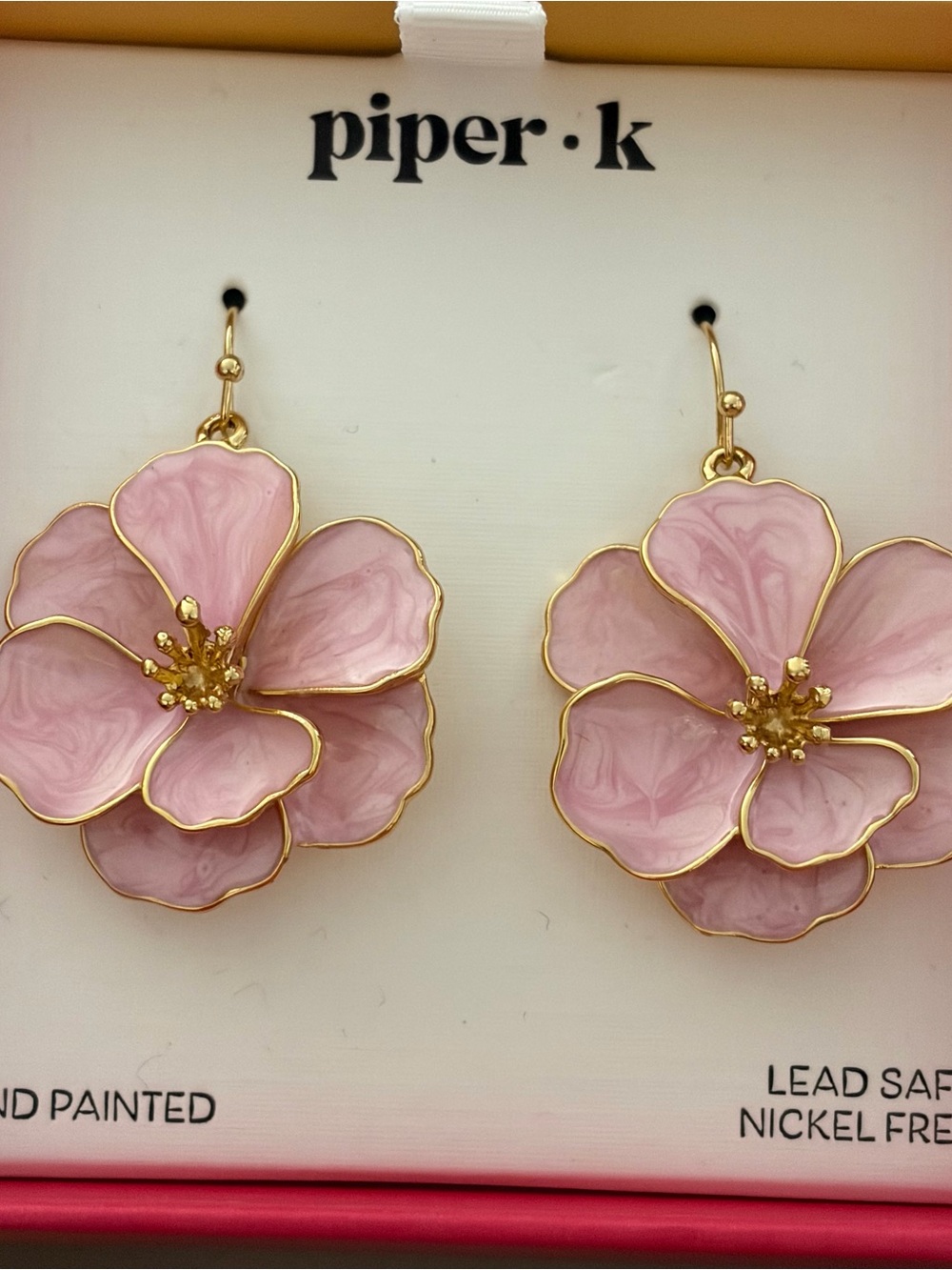 Piper K Gold-Trim Pink Floral Drop Earrings